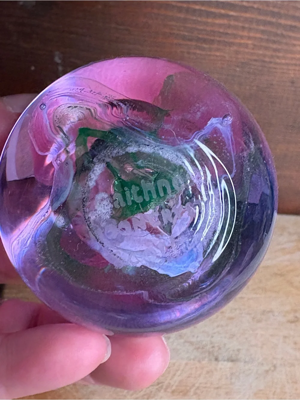 Caithness Scotland Moon Crystal Handblown Paperweight With Purple & Green Swirls